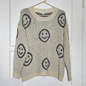 Newbury Kustom Happy Face Print Sweater Cream Blue Knit Womens Size Medium